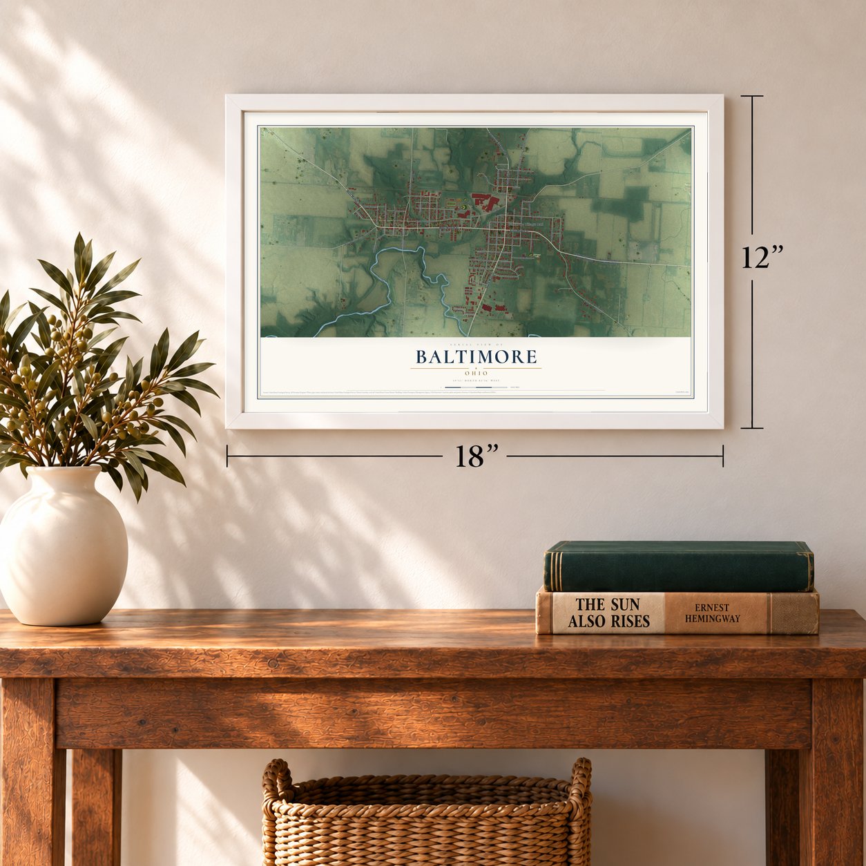 Baltimore, Ohio map, 12 x 18 inch print in a white frame in an entryway