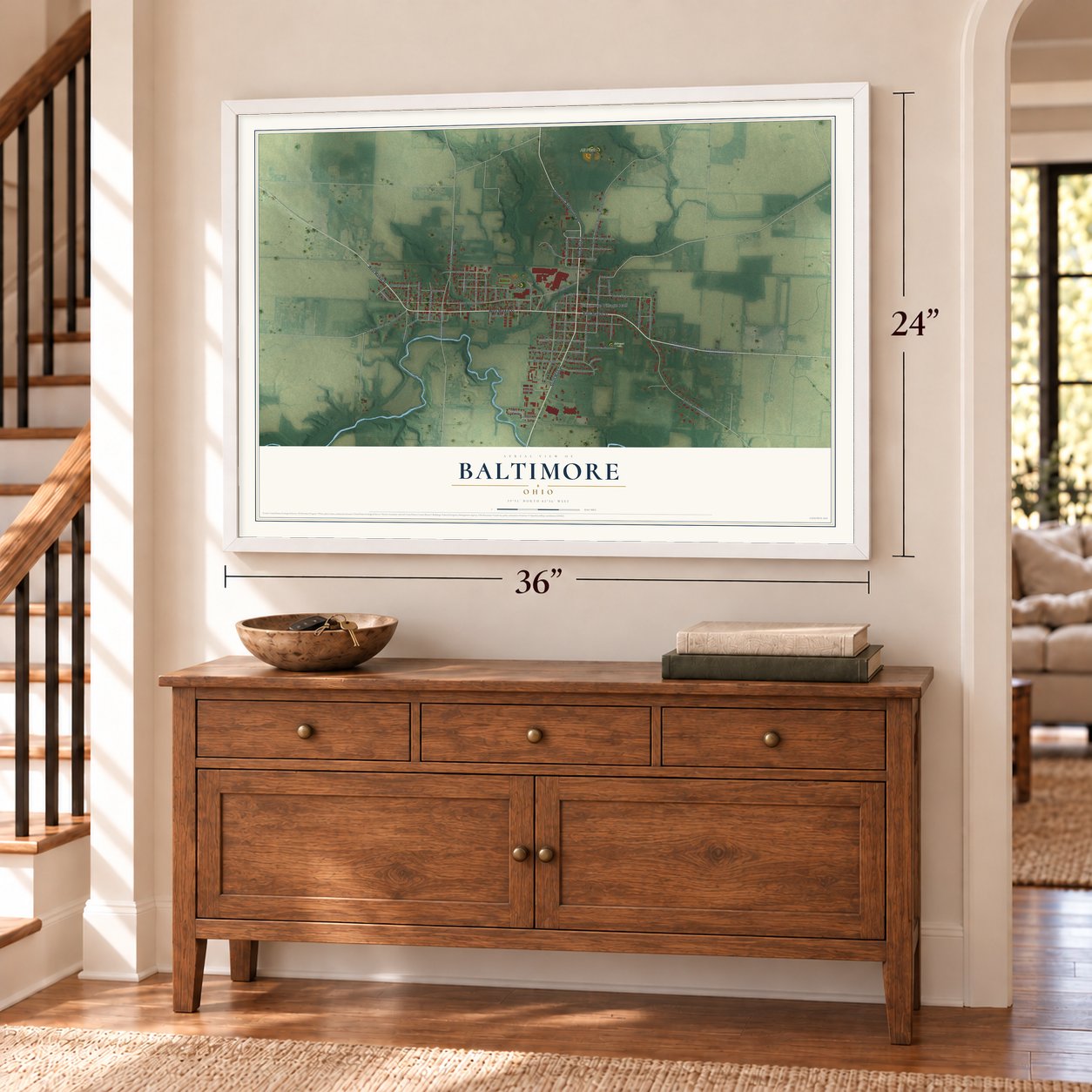 Baltimore, Ohio map, 24 x 36 inch print in a white frame above a dresser by a staircase