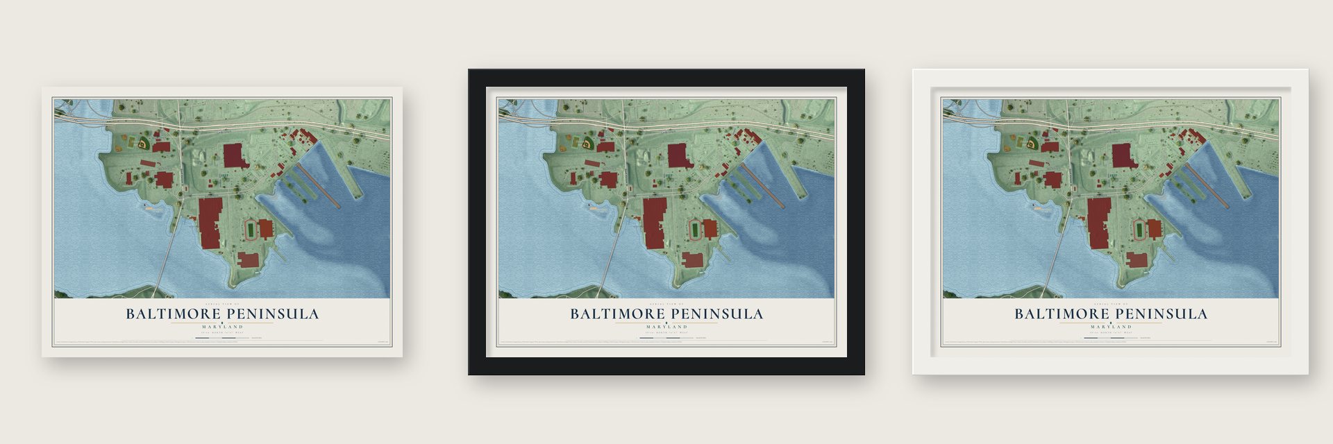 Baltimore Peninsula, Maryland map unframed, in a black wood frame and in a white wood frame