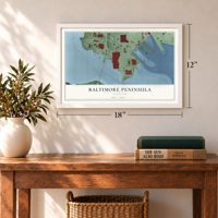 Baltimore Peninsula, Maryland map, 12 x 18 inch print in a white frame in an entryway
