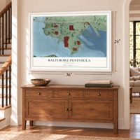 Baltimore Peninsula, Maryland map, 24 x 36 inch print in a white frame above a dresser by a staircase