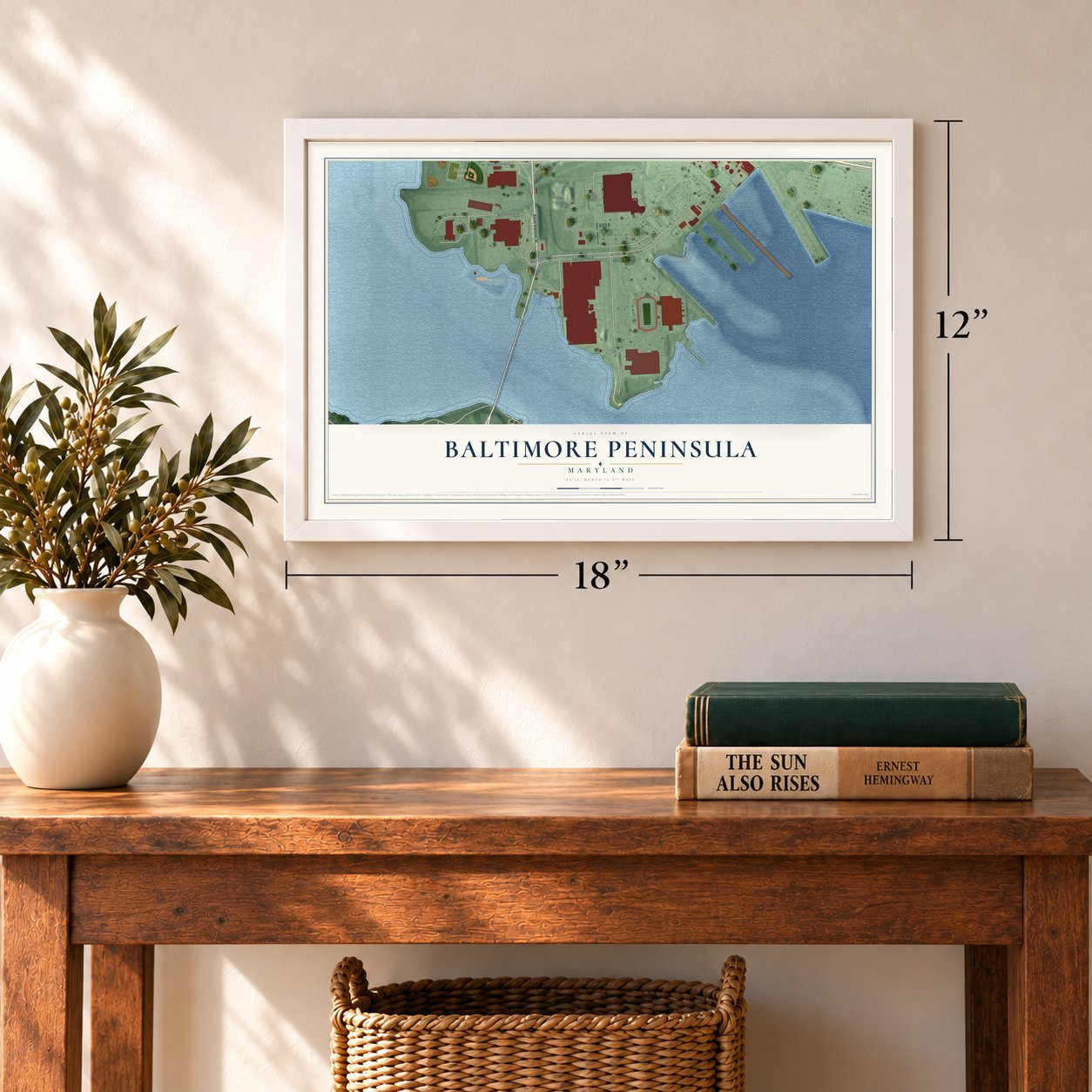 Baltimore Peninsula, Maryland map, 12 x 18 inch print in a white frame in an entryway