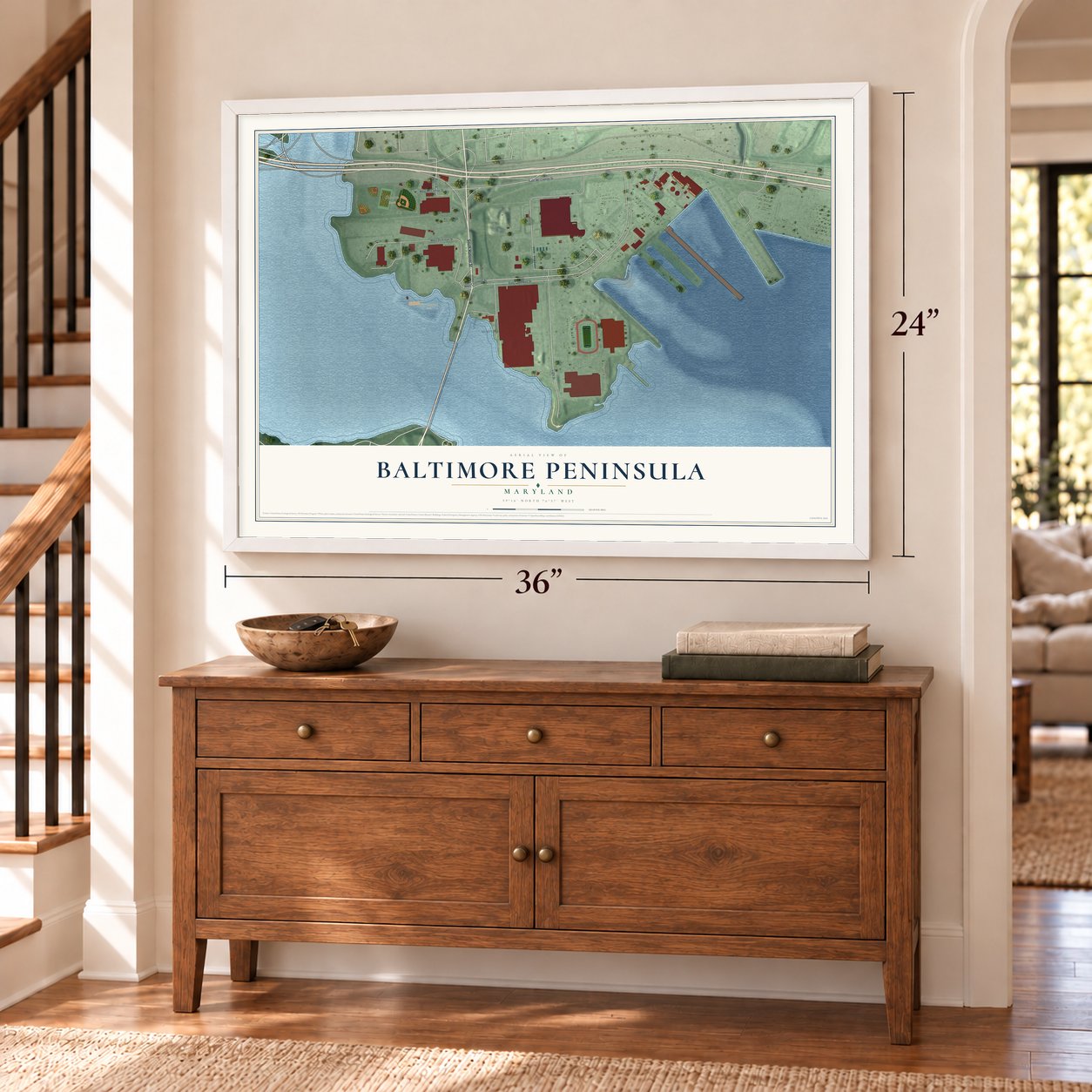 Baltimore Peninsula, Maryland map, 24 x 36 inch print in a white frame above a dresser by a staircase