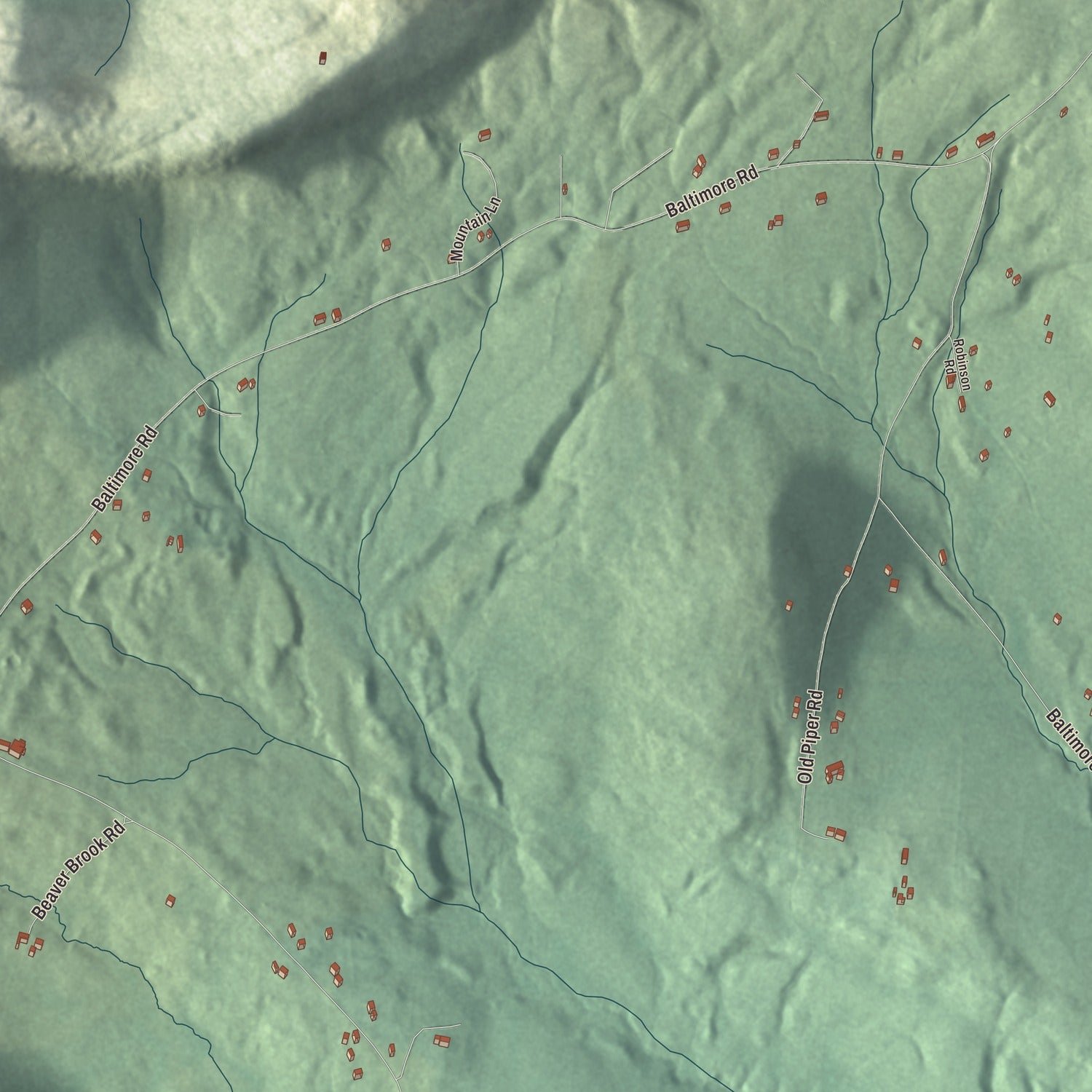 Close-up of the map of Baltimore, Vermont print showing terrain and local geography