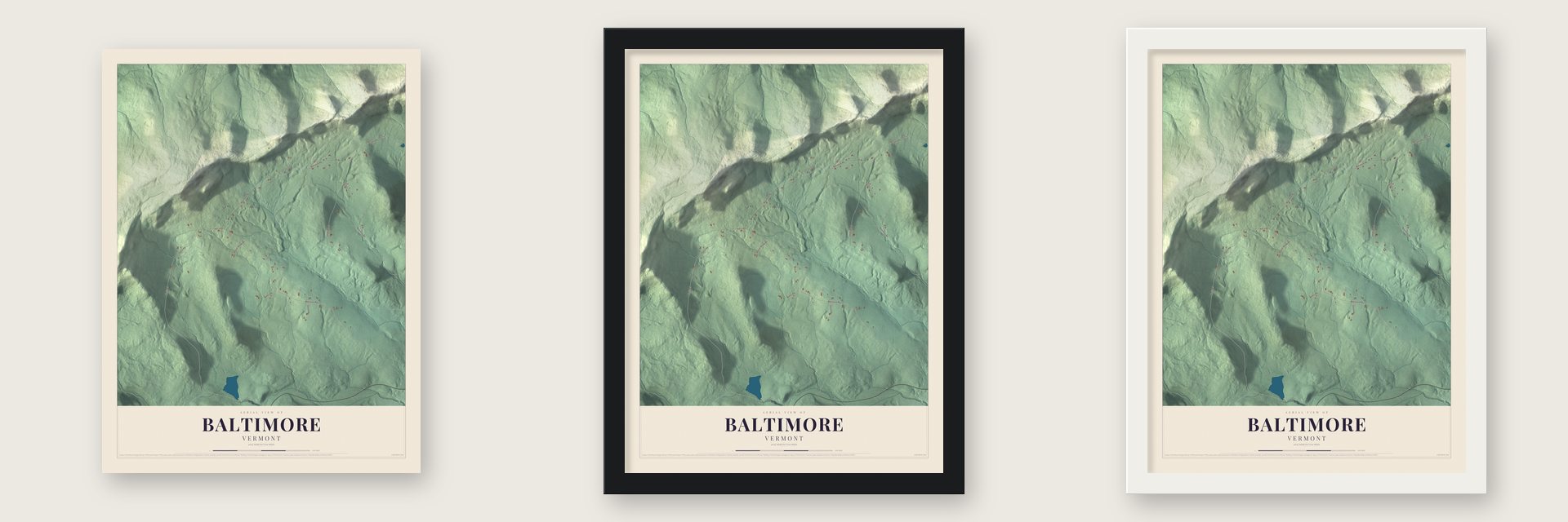 Baltimore, Vermont map unframed, in a black wood frame and in a white wood frame