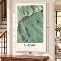 Baltimore, Vermont map, 24 x 36 inch print in a white frame by a staircase