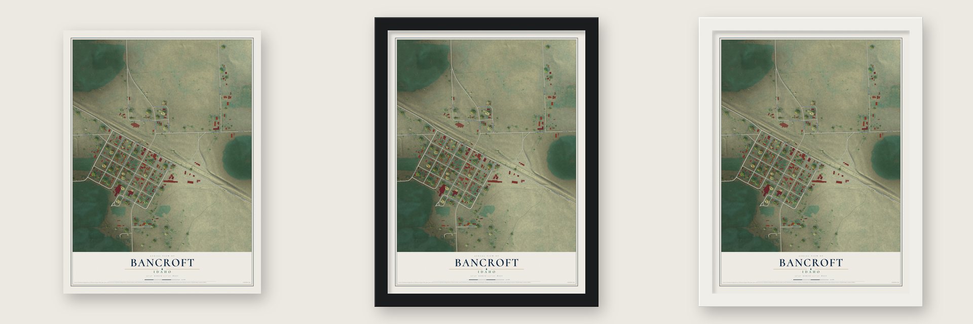 Bancroft, Idaho map unframed, in a black wood frame and in a white wood frame