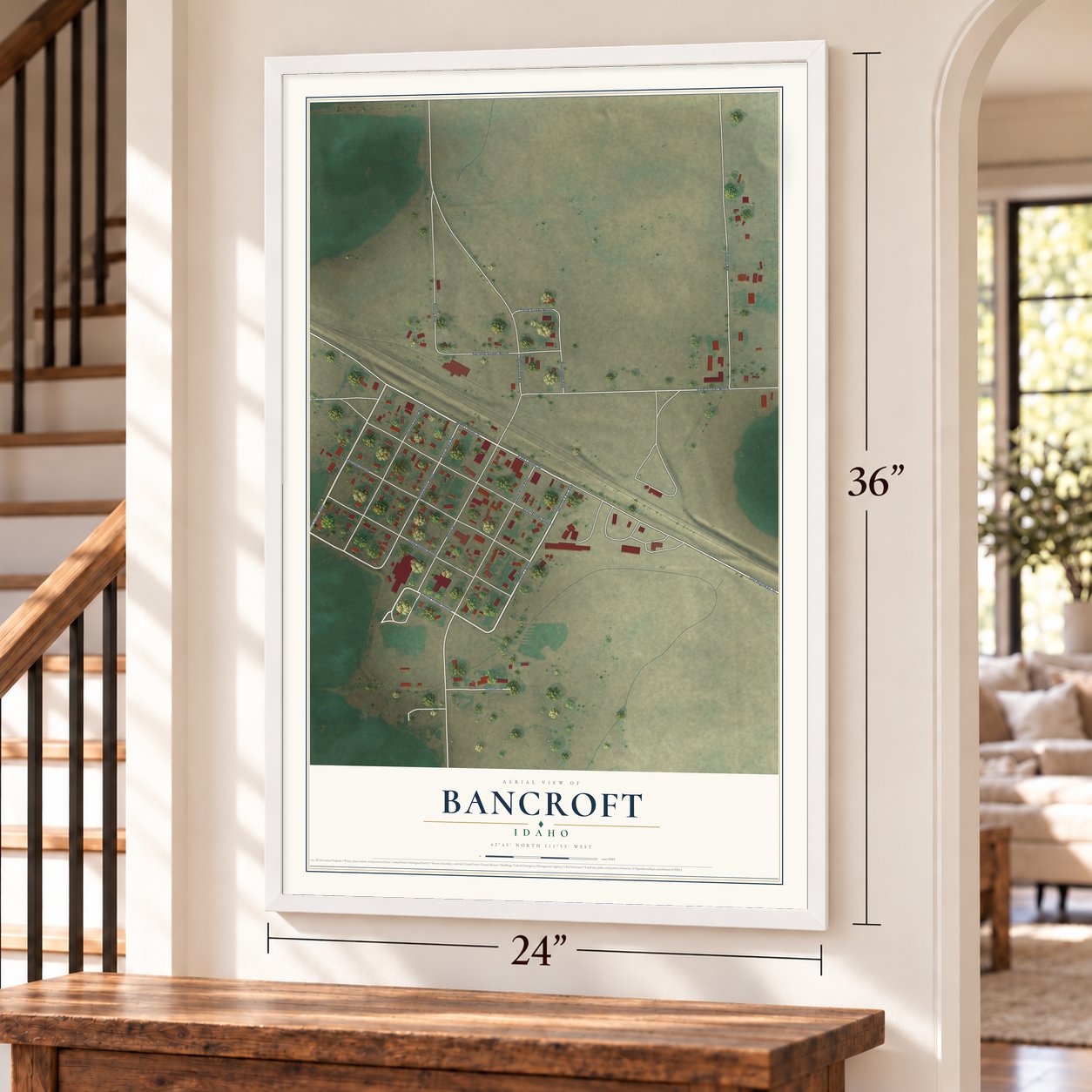 Bancroft, Idaho map, 24 x 36 inch print in a white frame by a staircase
