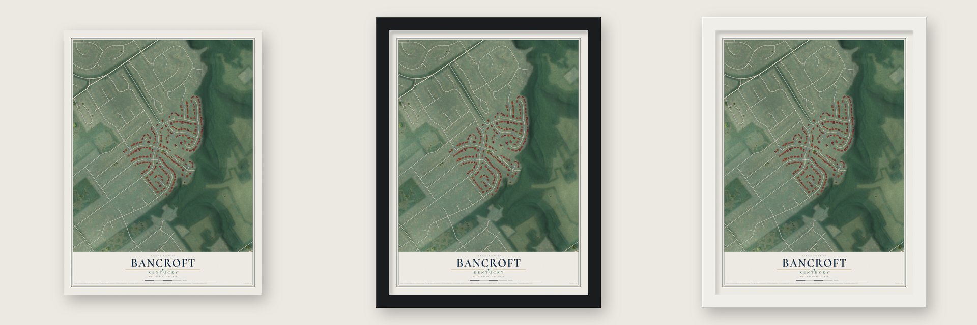 Bancroft, Kentucky map unframed, in a black wood frame and in a white wood frame