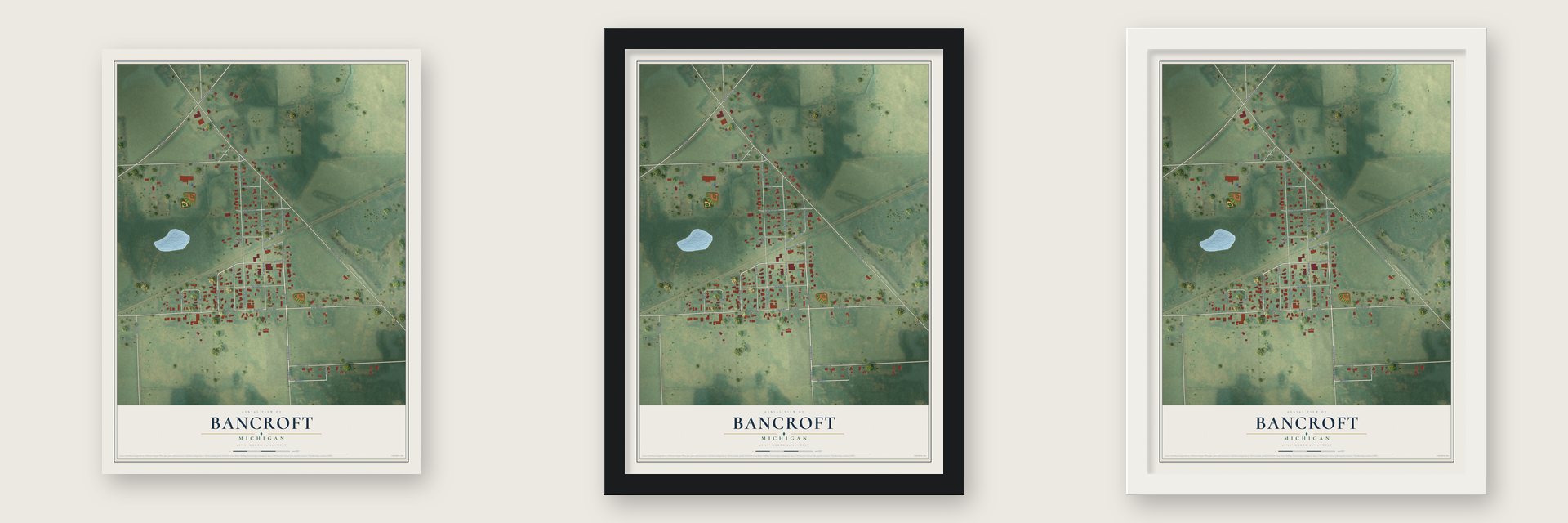 Bancroft, Michigan map unframed, in a black wood frame and in a white wood frame
