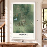 Bancroft, Michigan map, 24 x 36 inch print in a white frame by a staircase