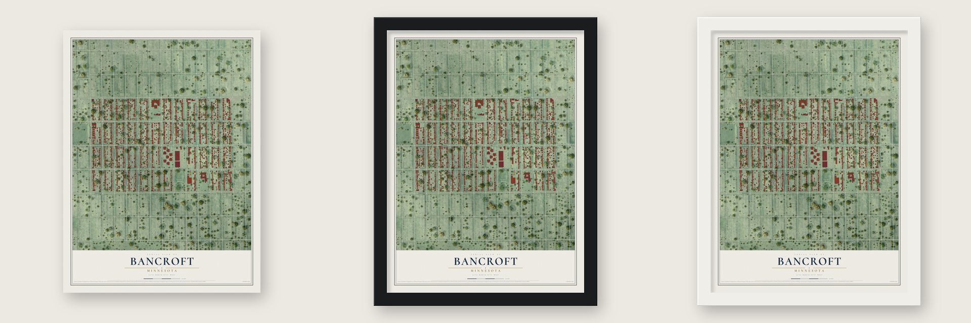 Bancroft, Minnesota map unframed, in a black wood frame and in a white wood frame