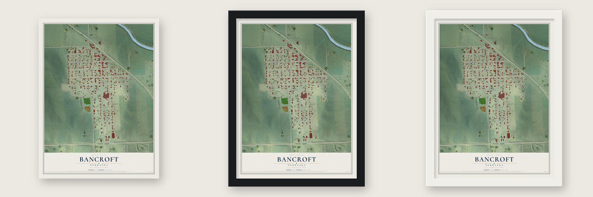 Bancroft, Nebraska map unframed, in a black wood frame and in a white wood frame