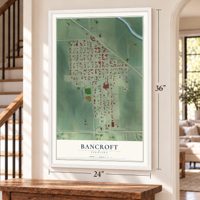 Bancroft, Nebraska map, 24 x 36 inch print in a white frame by a staircase