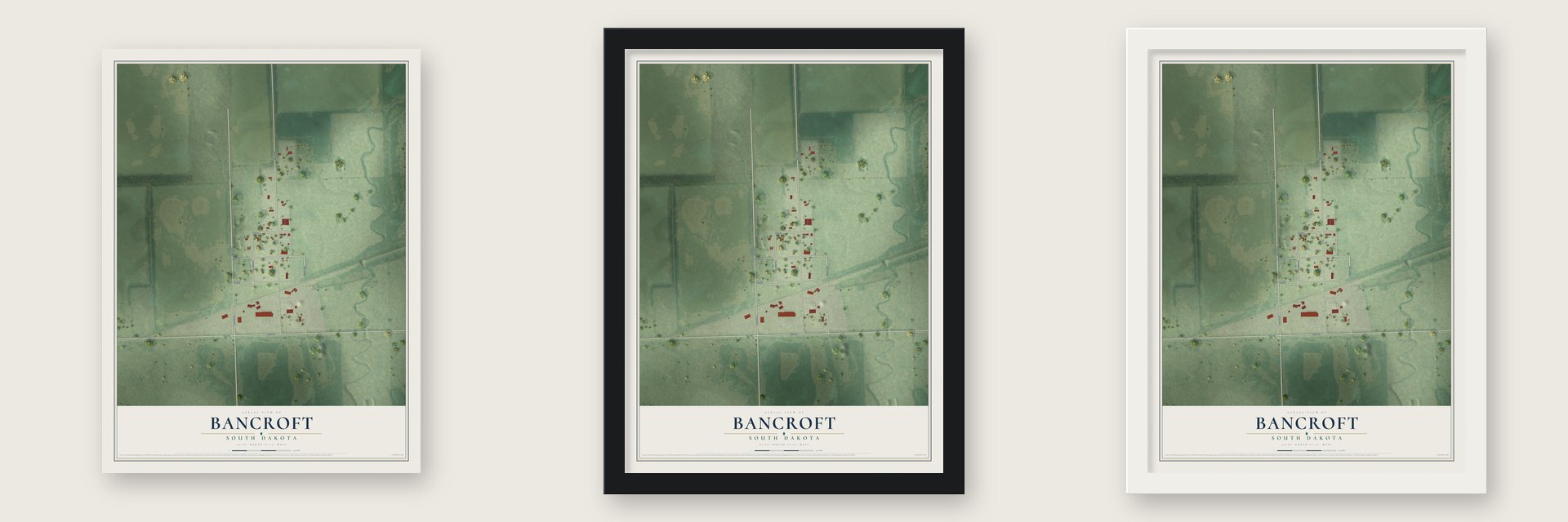 Bancroft, South Dakota map unframed, in a black wood frame and in a white wood frame