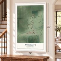 Bancroft, South Dakota map, 24 x 36 inch print in a white frame by a staircase