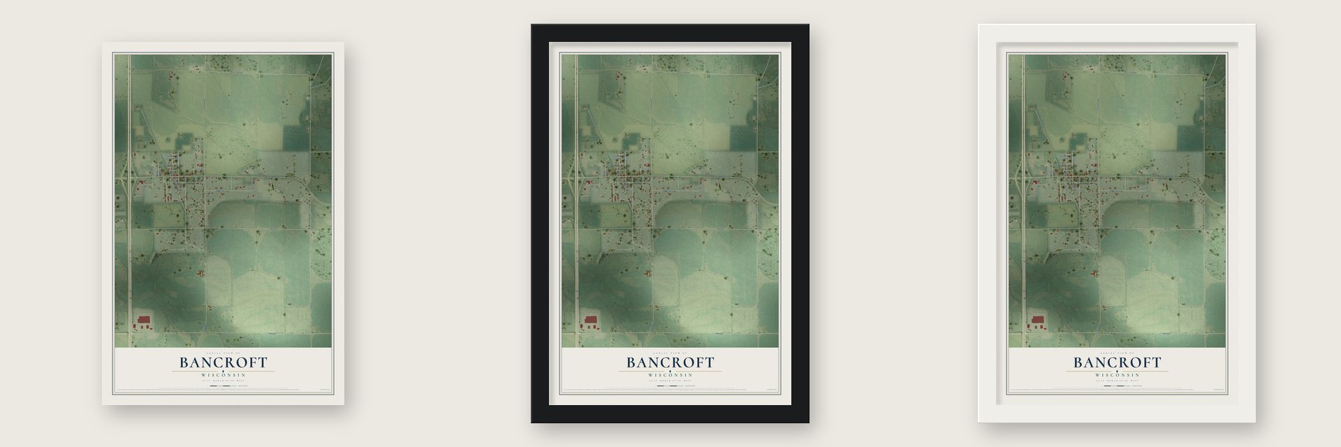 Bancroft, Wisconsin map unframed, in a black wood frame and in a white wood frame