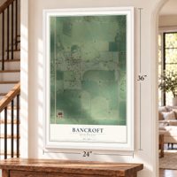 Bancroft, Wisconsin map, 24 x 36 inch print in a white frame by a staircase