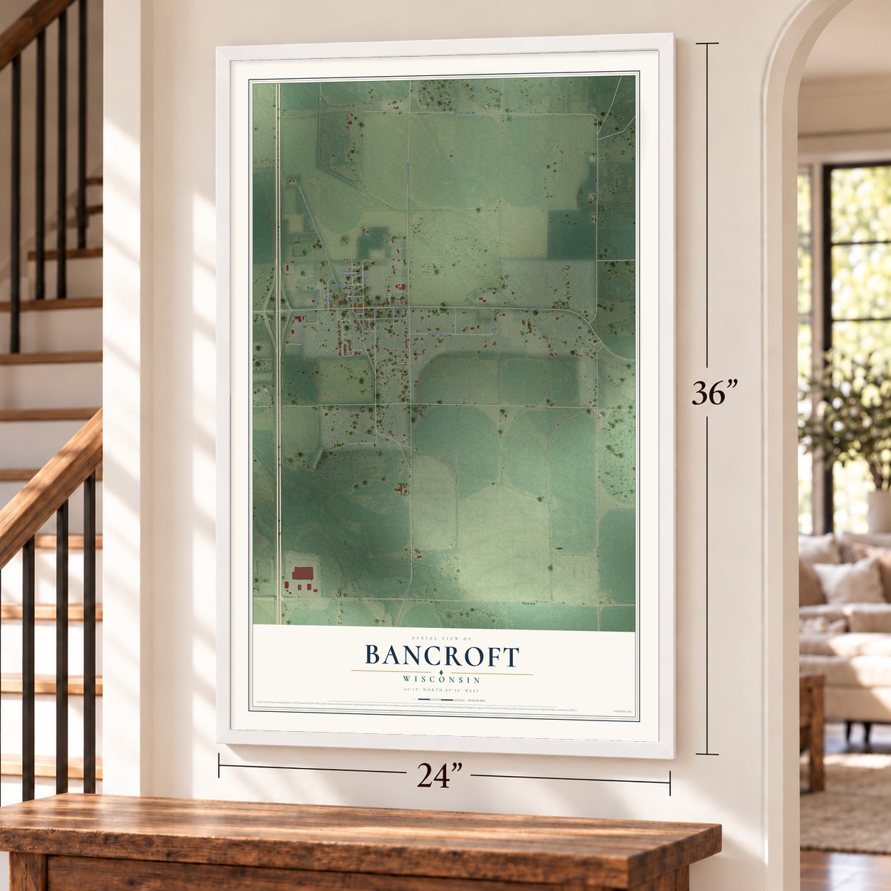 Bancroft, Wisconsin map, 24 x 36 inch print in a white frame by a staircase