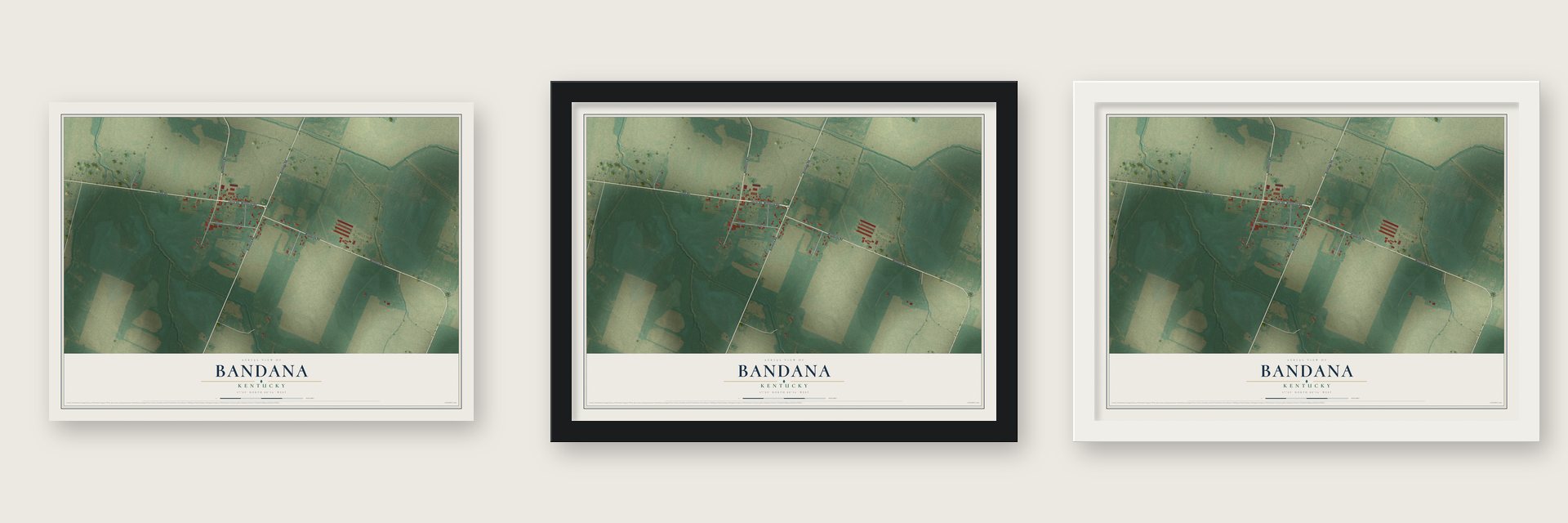 Bandana, Kentucky map unframed, in a black wood frame and in a white wood frame