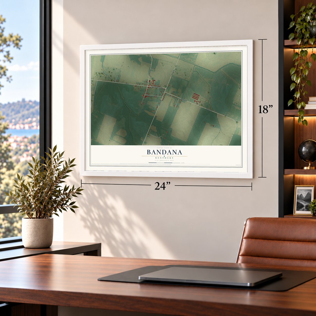 Bandana, Kentucky map, 18 x 24 inch print in a white frame in a home office
