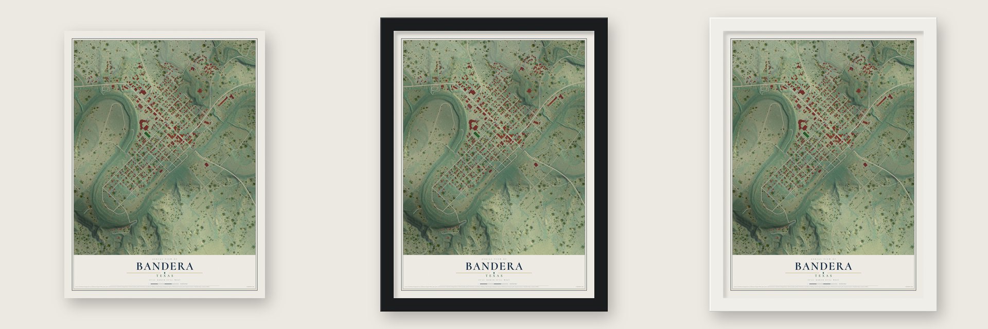 Bandera, Texas map unframed, in a black wood frame and in a white wood frame