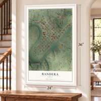 Bandera, Texas map, 24 x 36 inch print in a white frame by a staircase