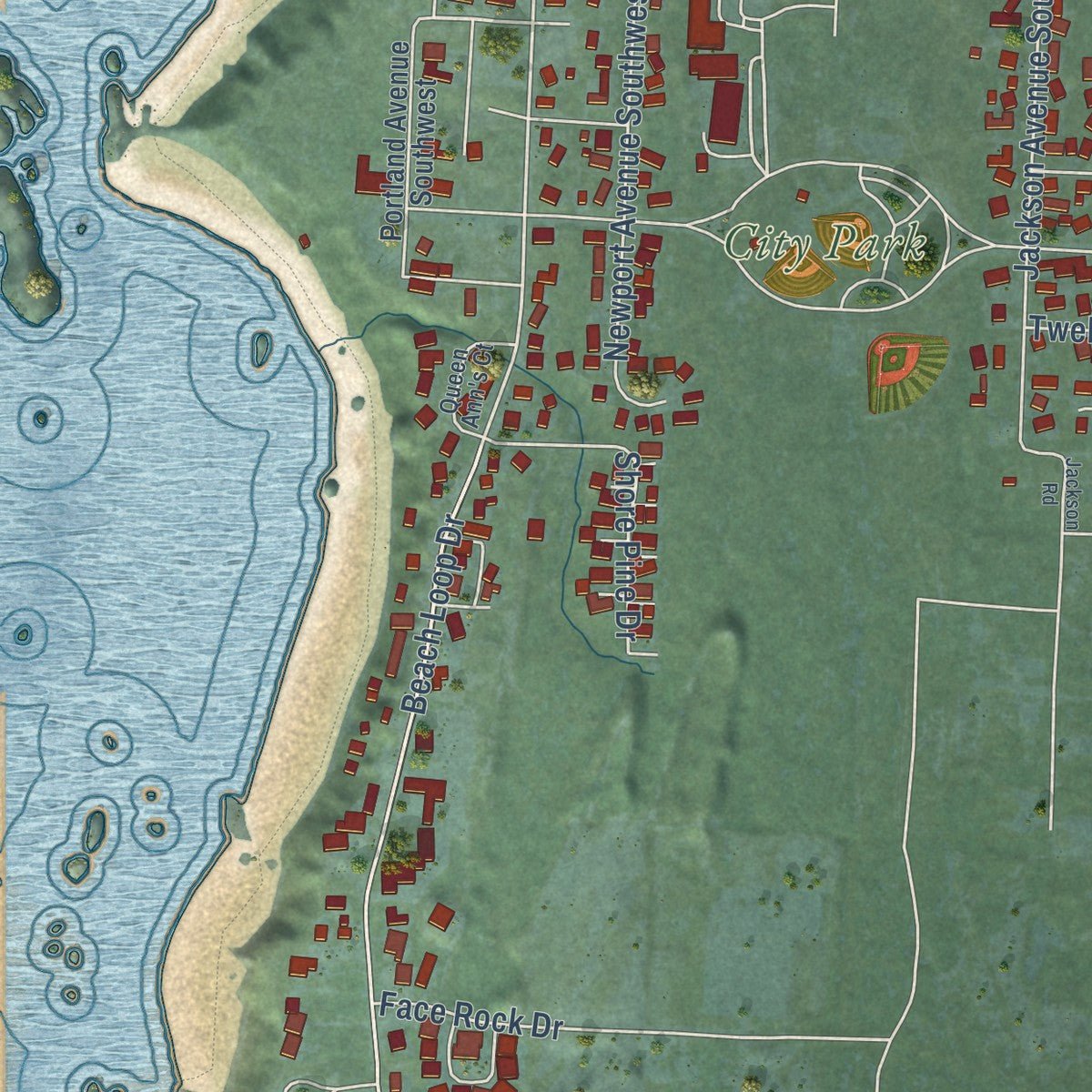 Second close-up of the map of Bandon, Oregon print showing more streets and buildings