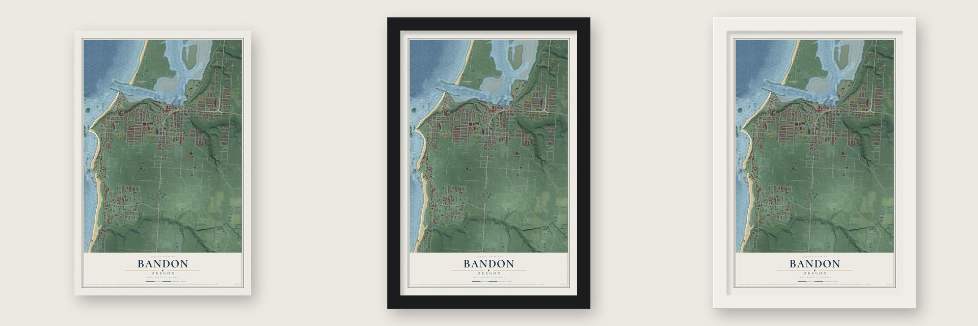 Bandon, Oregon map unframed, in a black wood frame and in a white wood frame