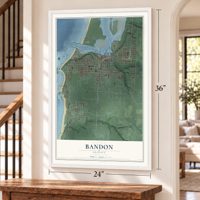 Bandon, Oregon map, 24 x 36 inch print in a white frame by a staircase