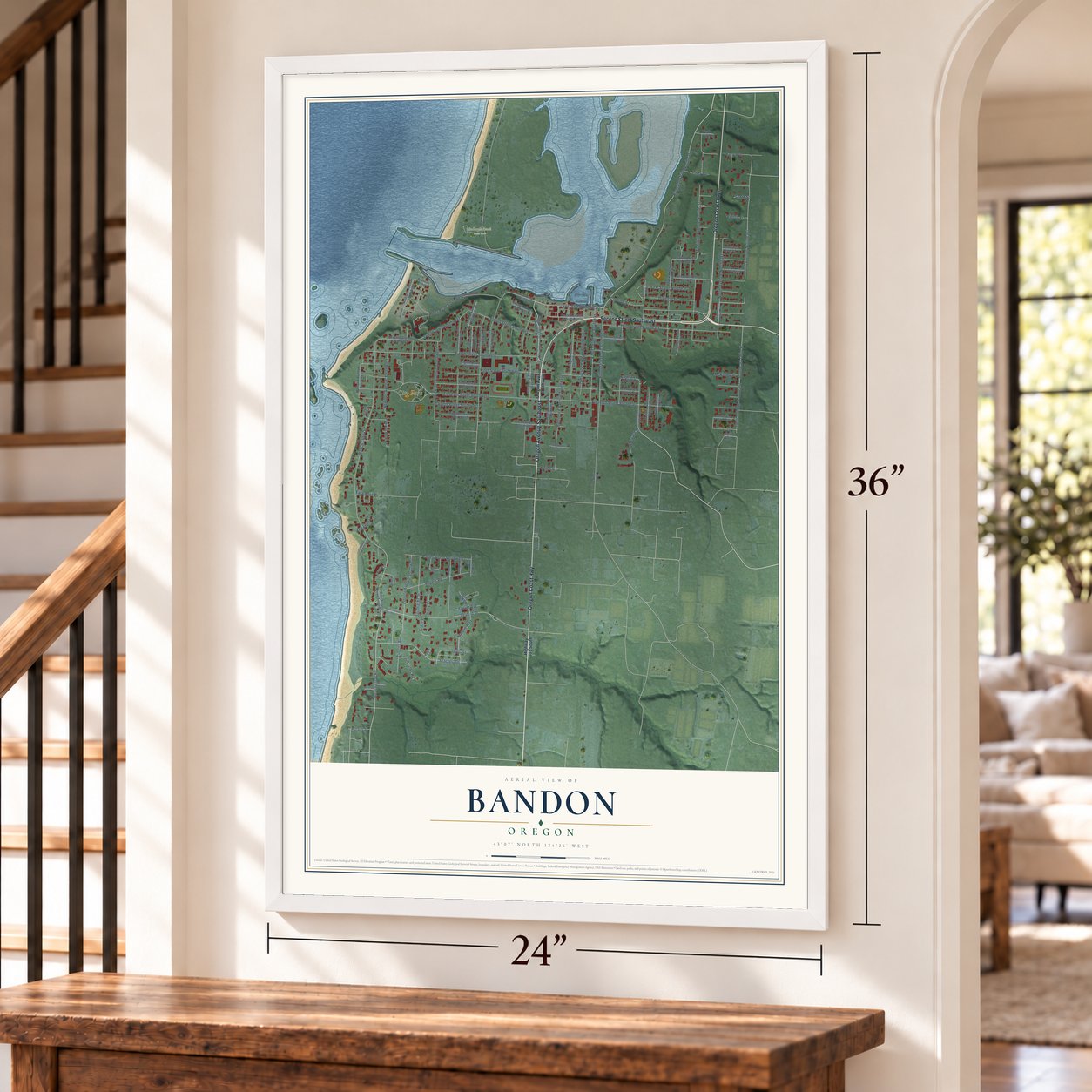 Bandon, Oregon map, 24 x 36 inch print in a white frame by a staircase