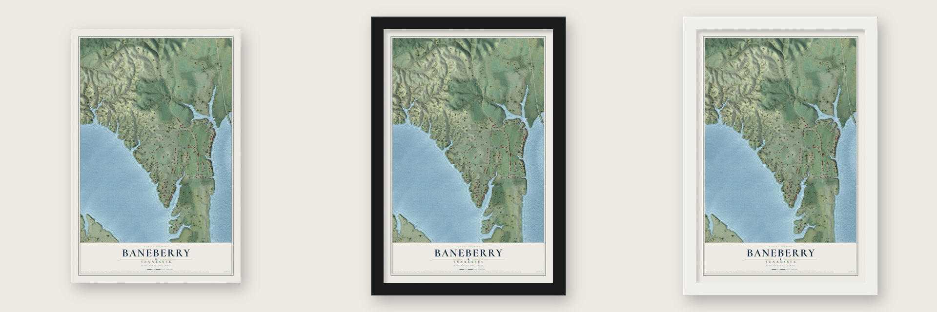 Baneberry, Tennessee map unframed, in a black wood frame and in a white wood frame