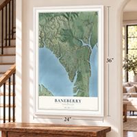 Baneberry, Tennessee map, 24 x 36 inch print in a white frame by a staircase