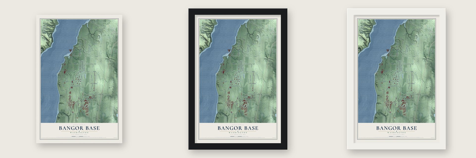 Bangor Base, Washington map unframed, in a black wood frame and in a white wood frame