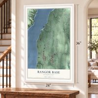 Bangor Base, Washington map, 24 x 36 inch print in a white frame by a staircase