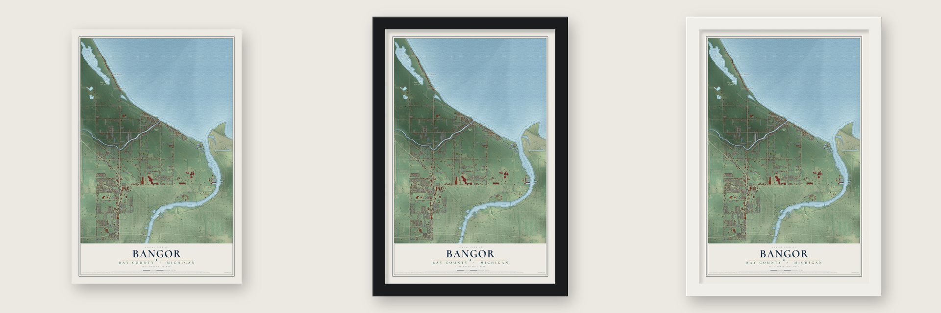 Bangor, Bay County, Michigan map unframed, in a black wood frame and in a white wood frame