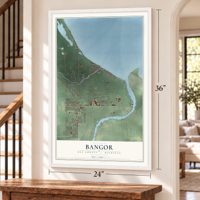 Bangor, Bay County, Michigan map, 24 x 36 inch print in a white frame by a staircase