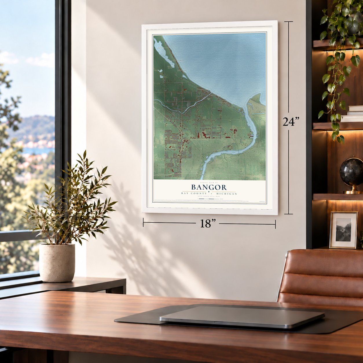 Bangor, Bay County, Michigan map, 18 x 24 inch print in a white frame in a home office