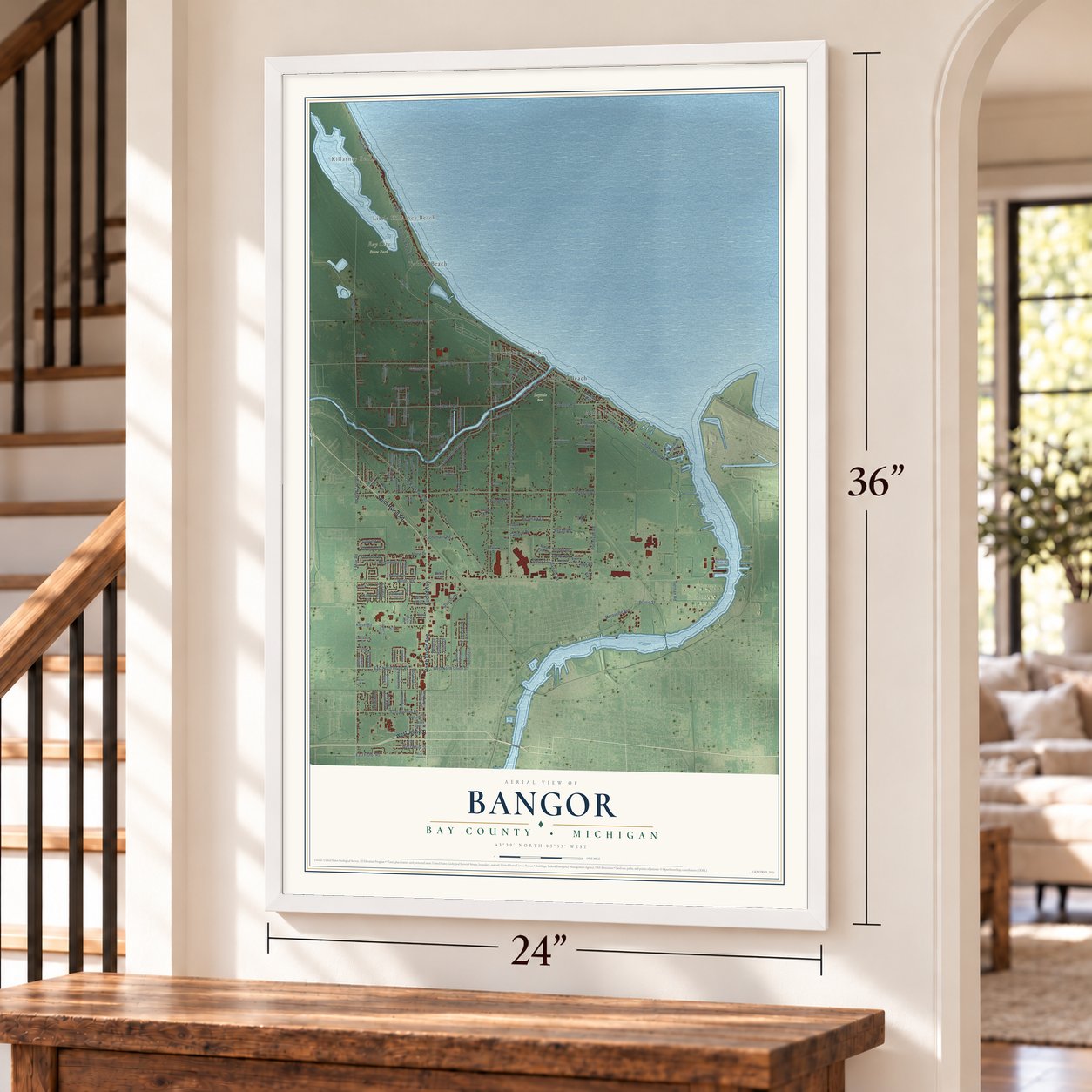 Bangor, Bay County, Michigan map, 24 x 36 inch print in a white frame by a staircase