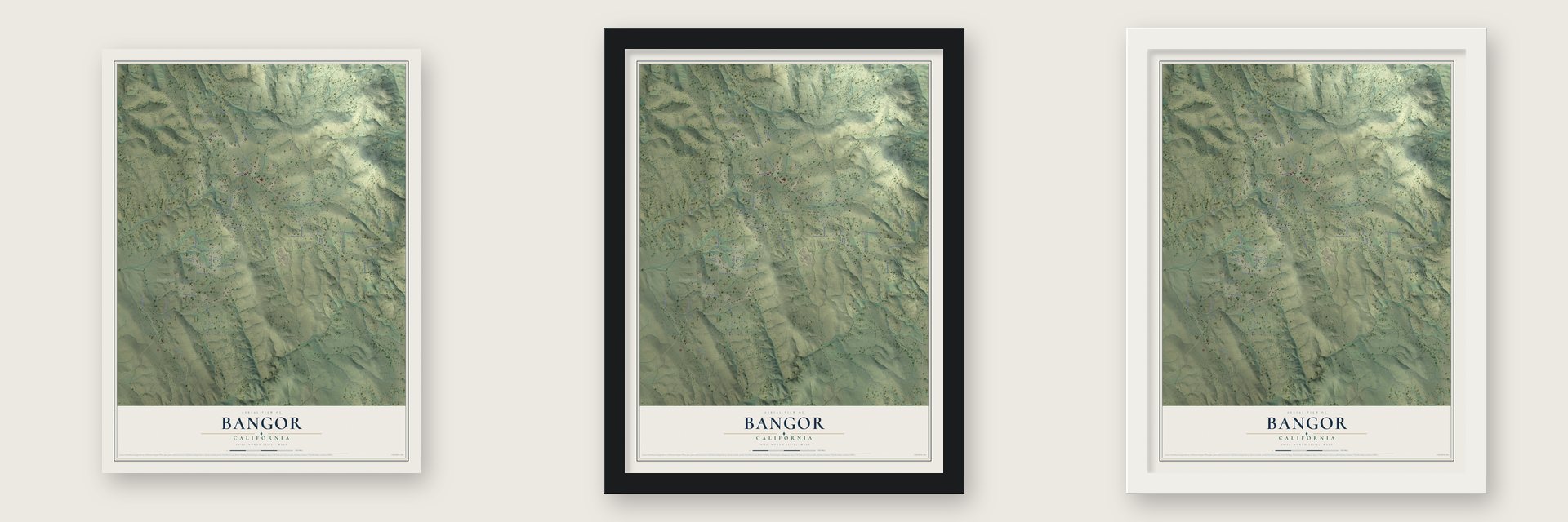 Bangor, California map unframed, in a black wood frame and in a white wood frame