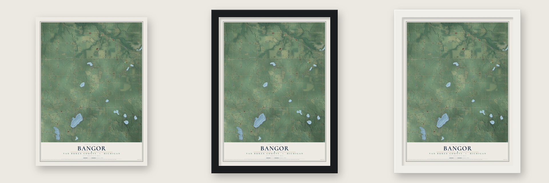 Bangor, Van Buren County, Michigan map unframed, in a black wood frame and in a white wood frame