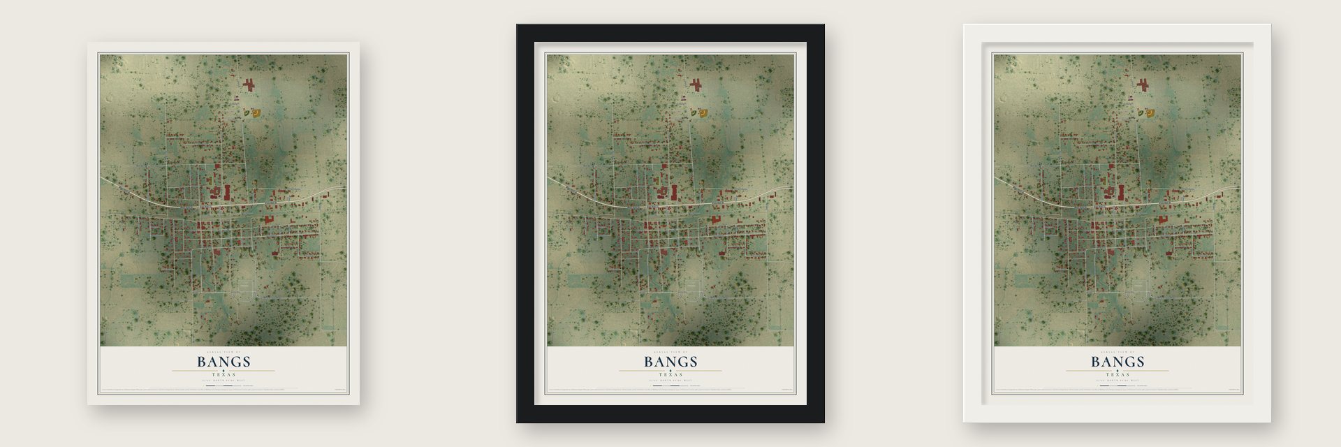 Bangs, Texas map unframed, in a black wood frame and in a white wood frame
