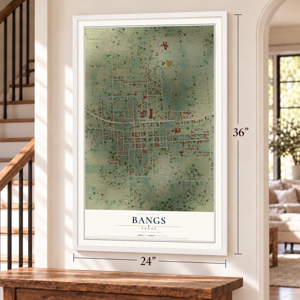Bangs, Texas map, 24 x 36 inch print in a white frame by a staircase