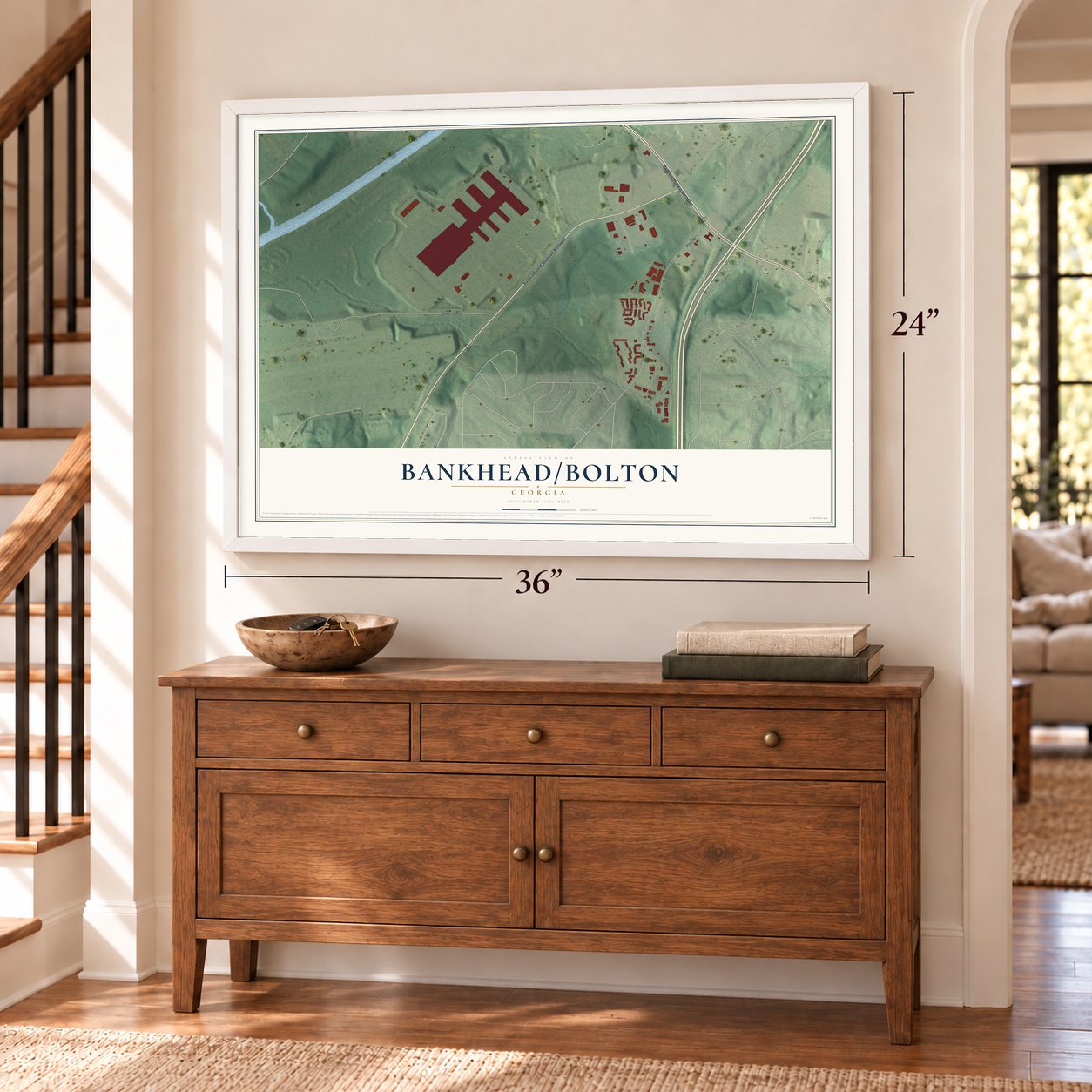 Bankhead-Bolton, Georgia map, 24 x 36 inch print in a white frame above a dresser by a staircase