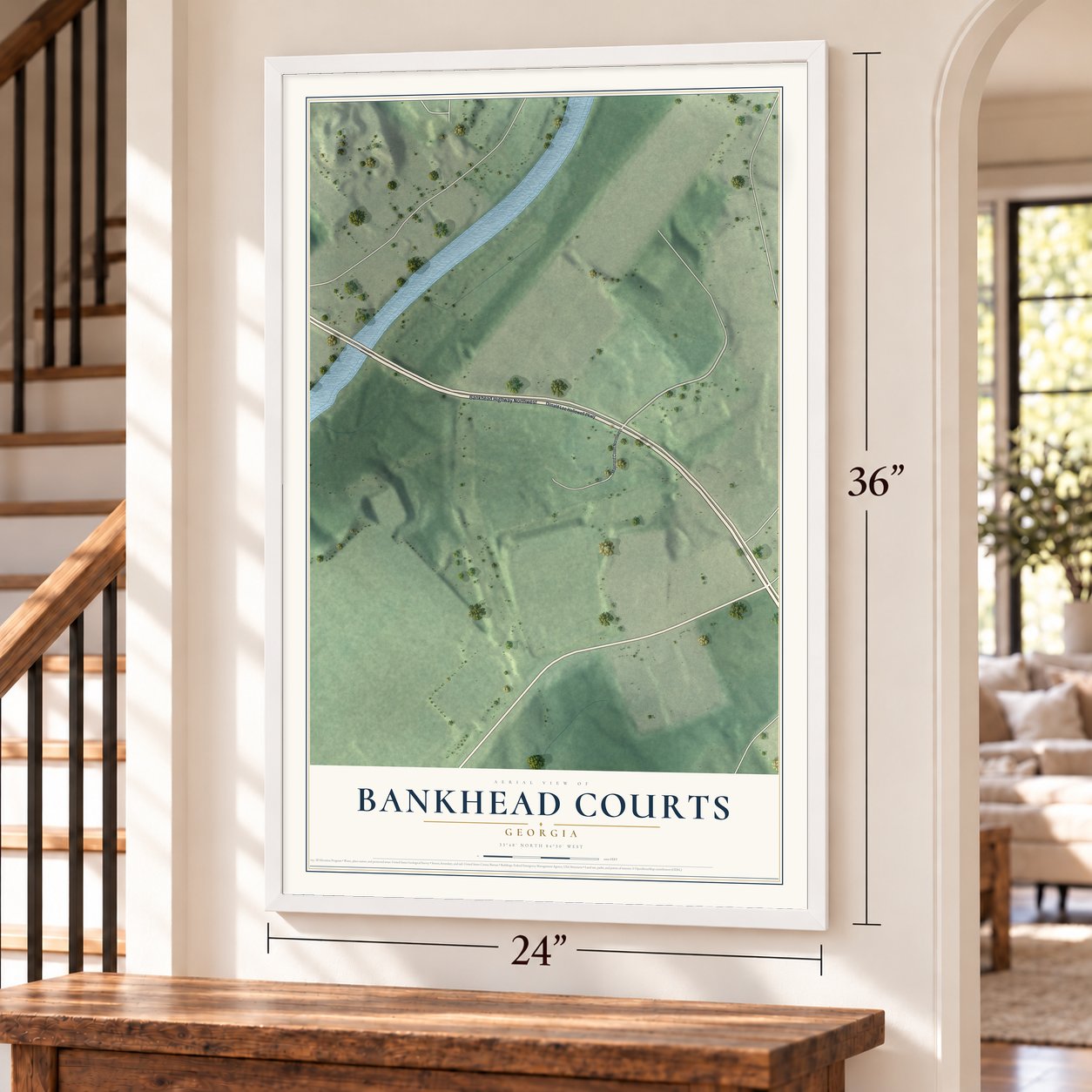 Bankhead Courts, Georgia map, 24 x 36 inch print in a white frame by a staircase