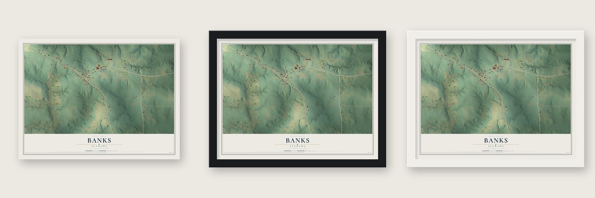 Banks, Alabama map unframed, in a black wood frame and in a white wood frame