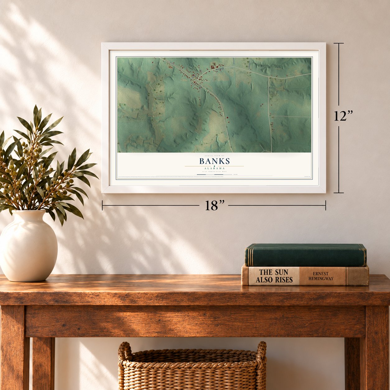 Banks, Alabama map, 12 x 18 inch print in a white frame in an entryway