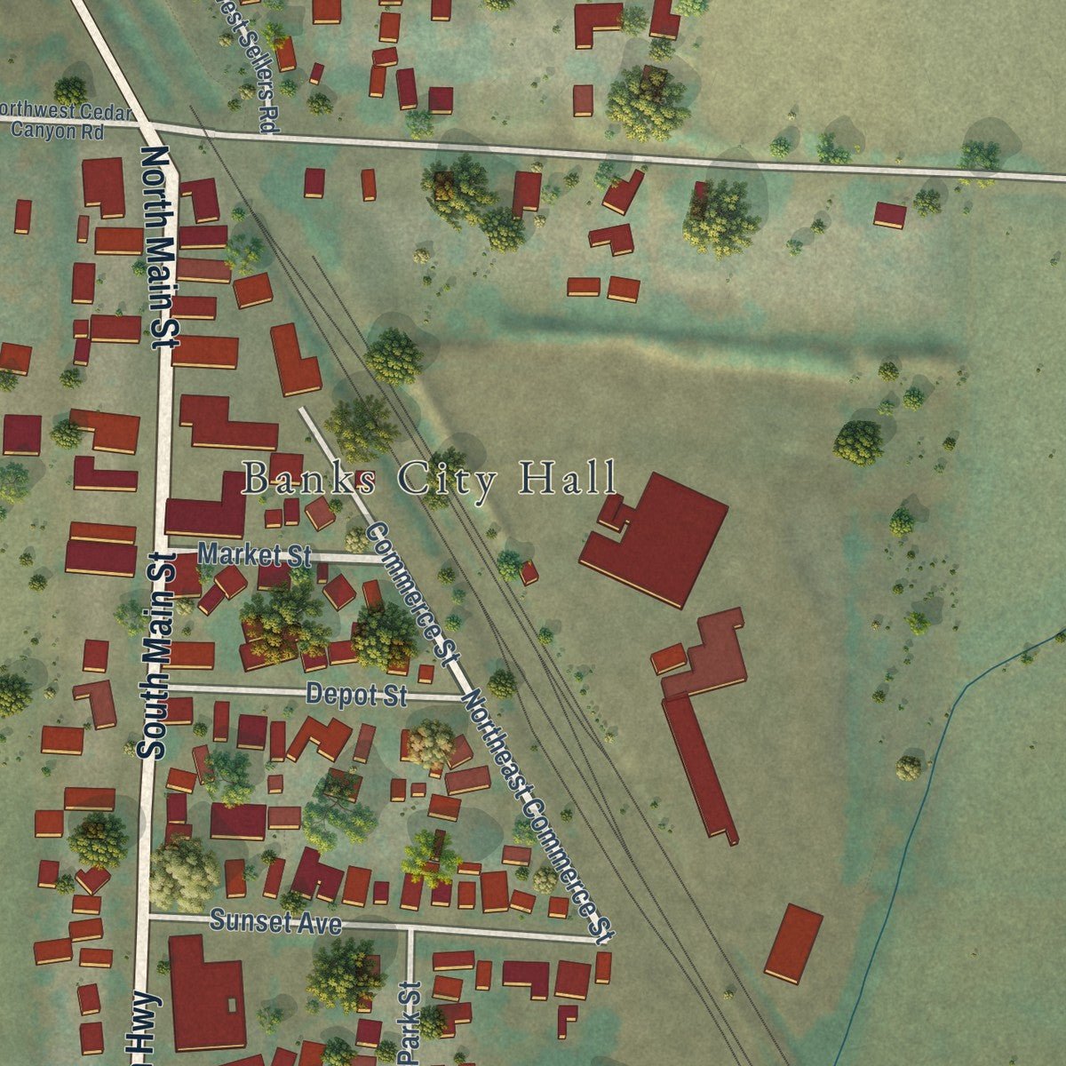 Second close-up of the map of Banks, Oregon print showing more streets and buildings