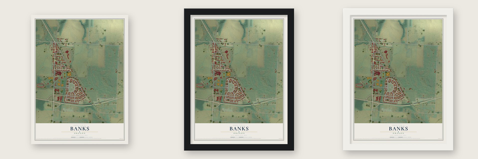 Banks, Oregon map unframed, in a black wood frame and in a white wood frame