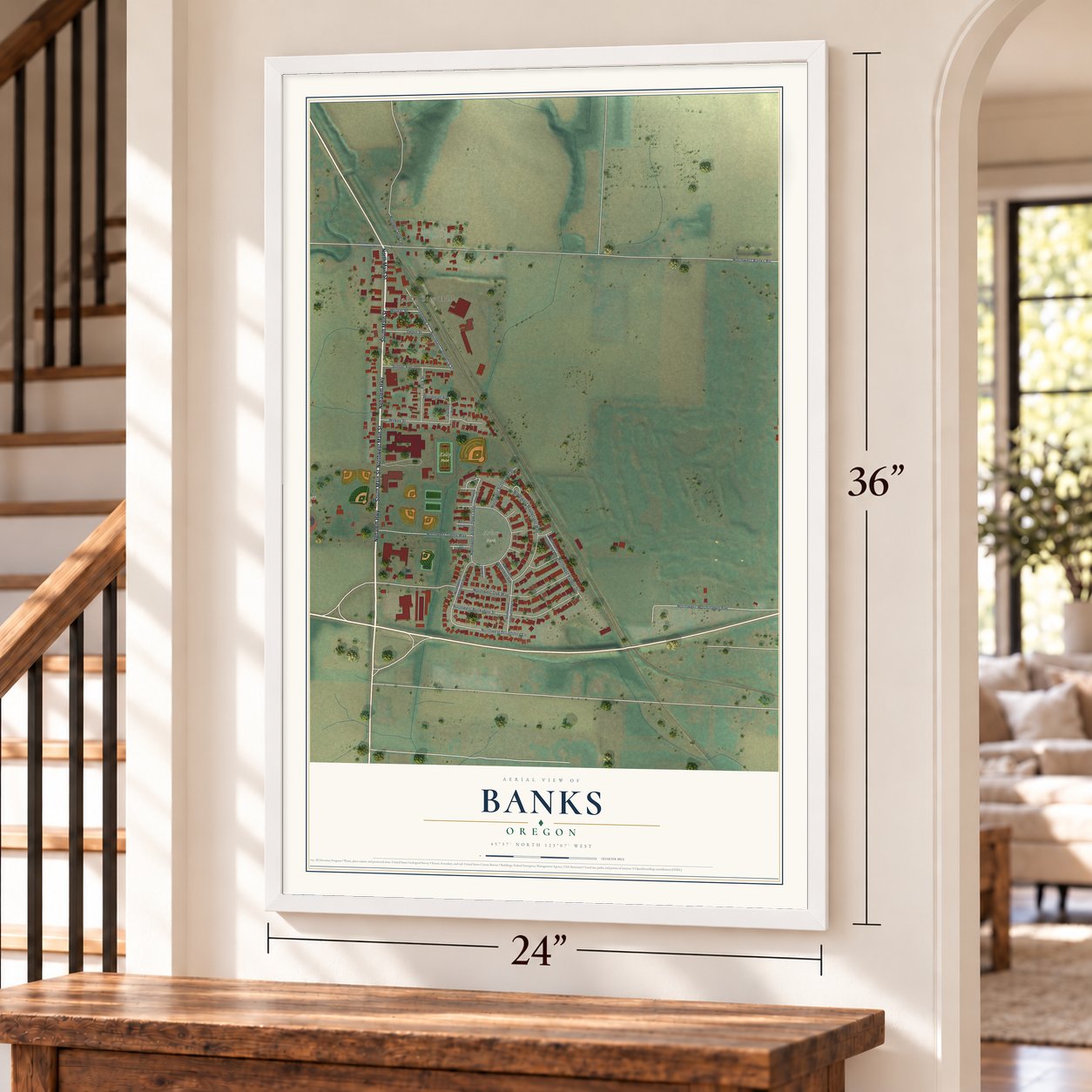Banks, Oregon map, 24 x 36 inch print in a white frame by a staircase